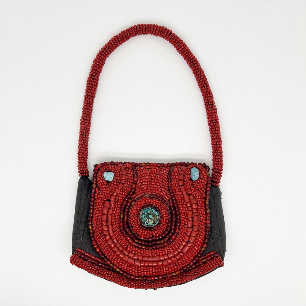 Vintage Sudha Hand Beaded Mini Handbag Purse Bag Red Black